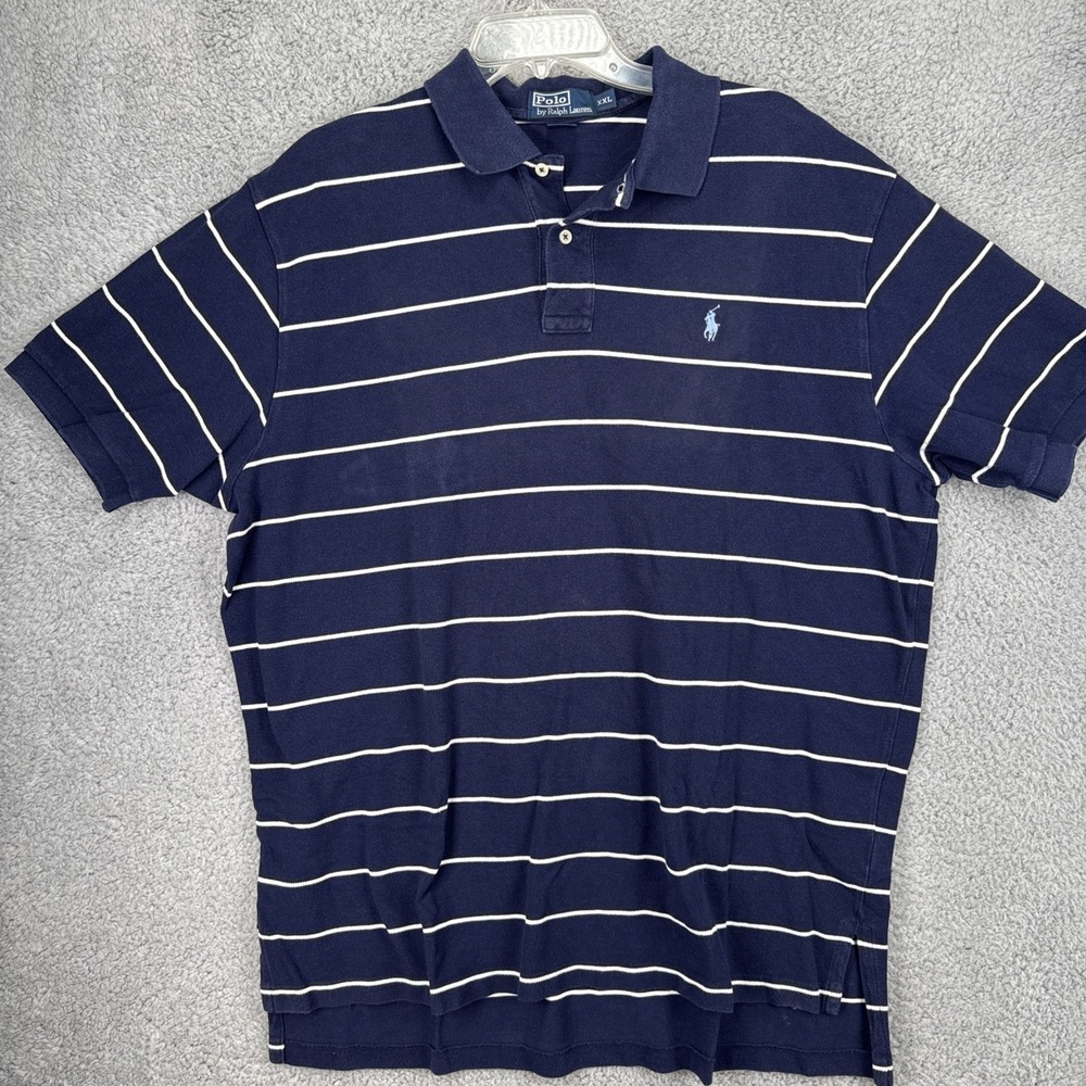 POLO RALPH LAUREN Mens XXL 2XL S/S Polo Shirt White Blue Stripe Pony Cotton VTG
